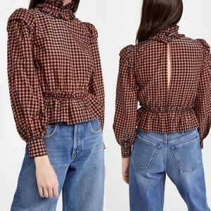 GANNI Ruffled Gingham Seersucker Blouse Orange Keyhole Back Long Sleeve Sz 36